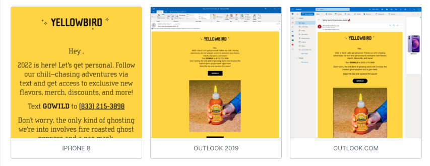Yellowbird email campaigns displayed in three different views for mobile and desktop