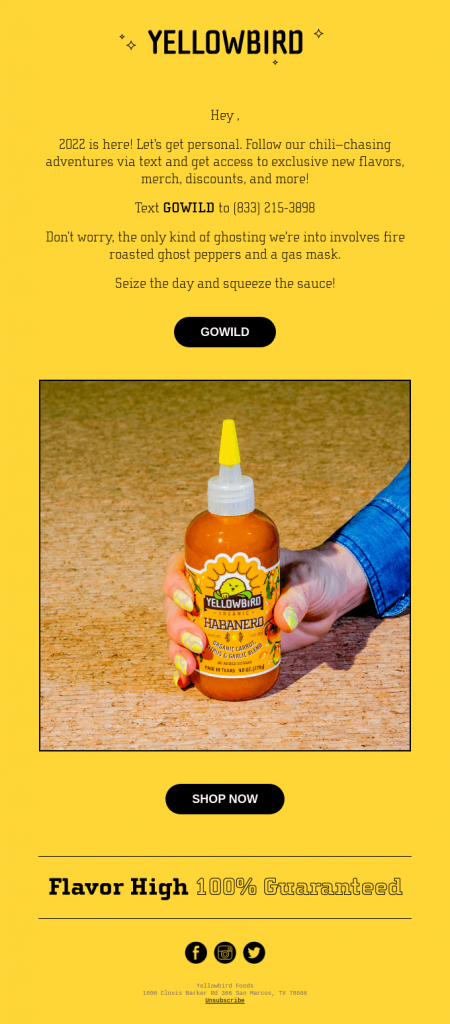 Really Good Emails example featuring Yellowbird Sauce