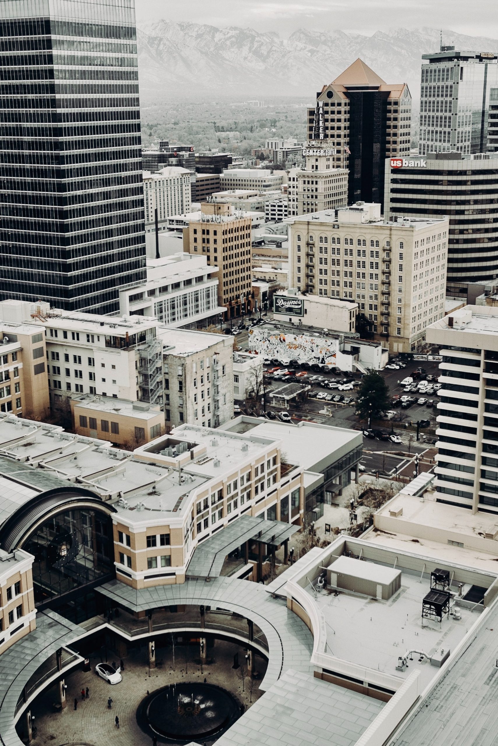 aerial shot of a cloud day overlooking City Creek Mall in Salt Lake City